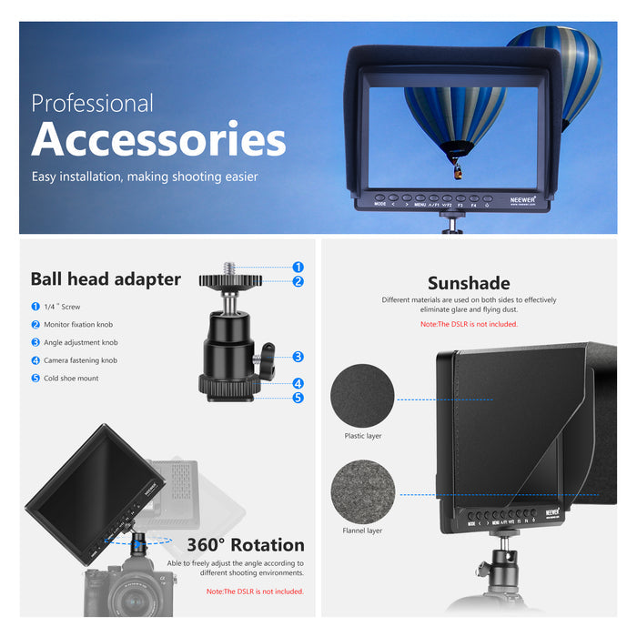 Accessories of the NEEWER F100 External Camera Monitor