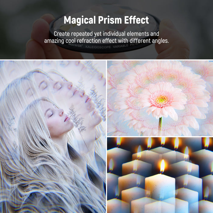 The kaleidoscope prism lens filter bends and refracts light to create repeated yet unique elements in the scene
