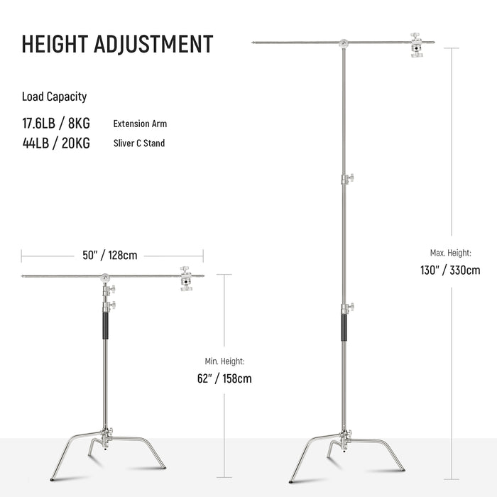Height Adjustment Range of the NEEWER SC340AC Stainless Steel C Stand
