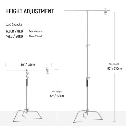 Height Adjustment Range of the NEEWER SC340AC Stainless Steel C Stand