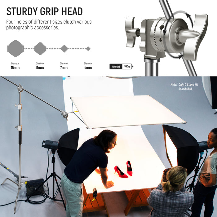 NEEWER SC340AC Stainless Steel C Stand features a strudy grip head.
