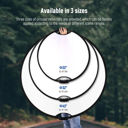 Three sizes of NEEWER RF-80II 5 in 1 Handheld Foldable Light Reflector are provided.