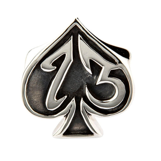 A direct front view of the sterling silver ace of spades ring with the number 13 carved into it.