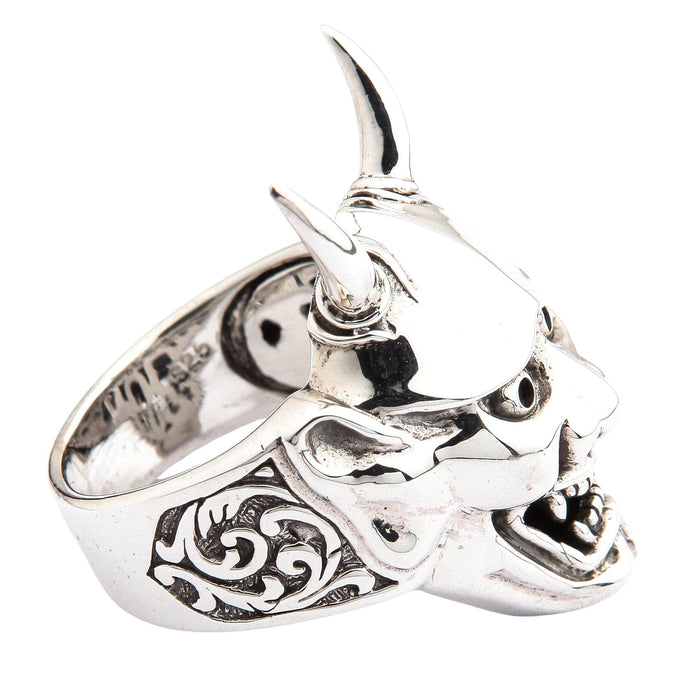 Oni mask ring with engraved sides sterling silver