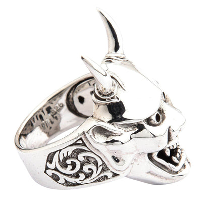 Oni mask ring with engraved sides sterling silver