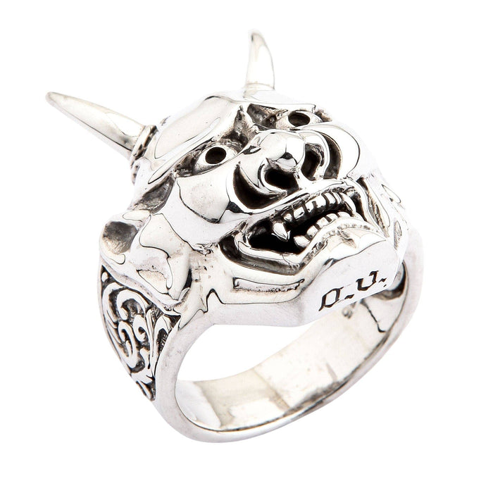 A top-down view of the large Oni mask ring, showing its impressive width.