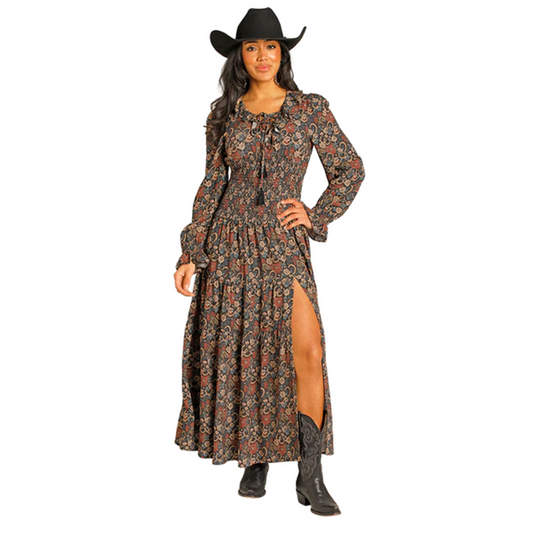 Panhandle Slim Women's L/S Tiered Floral Horseshoe Maxi Dress in Black