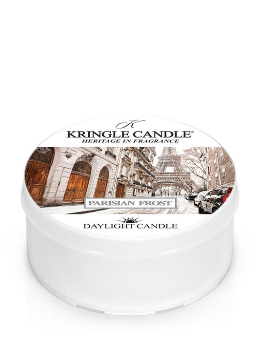Kringle Candle Parisian Frost daylight candle on a white background