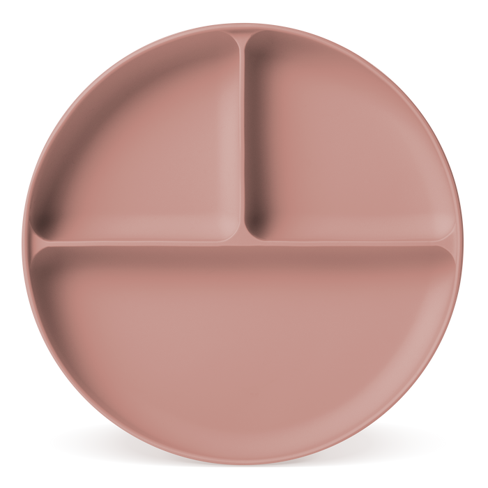 Soft dusty rose-pink ceramic plate with muted warm undertones and subtle gradient shading creating dimensional depth across the surface.