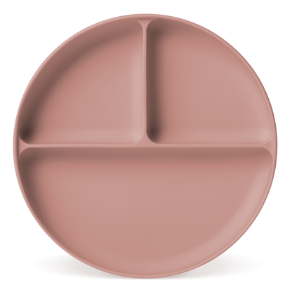 Soft dusty rose-pink ceramic plate with muted warm undertones and subtle gradient shading creating dimensional depth across the surface.