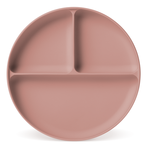 Soft dusty rose-pink ceramic plate with muted warm undertones and subtle gradient shading creating dimensional depth across the surface.
