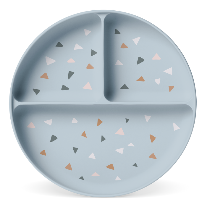 Soft blue-gray decorative plate with small triangle shapes in pale pink, terracotta, charcoal gray, and cream accents
