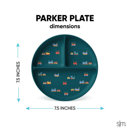 Deep teal silicone toddler plate with bright cyan blue arrows and measurement indicators for portion control and guidance.