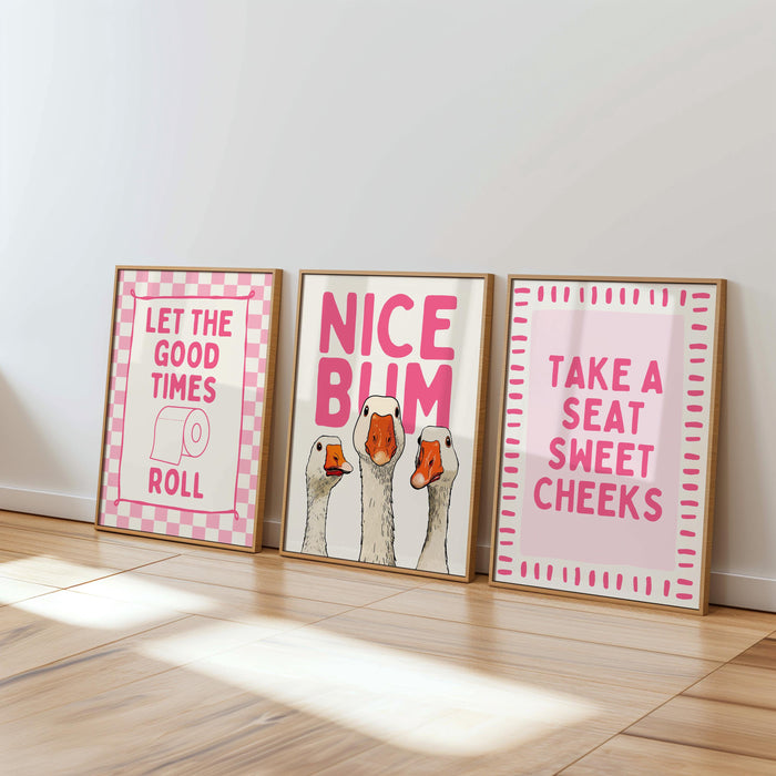 Pink Bathroom Wall Art Set of 3, Coquette Bathroom Decor, Funny Goose Bathroom Prints, Girly Bathroom Posters, Hot Pink Bathroom Art