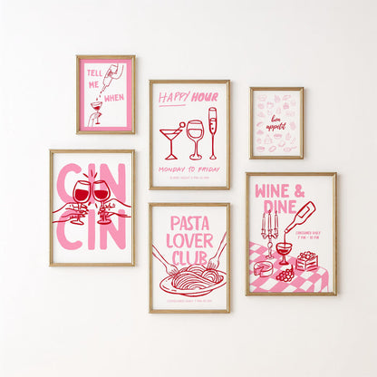 Pink Kitchen Wall Art Set of 12, Coquette Kitchen Decor, Pasta Lover Club Prints, Wine and Dine Poster Set, Girly Kitchen Gallery Wall