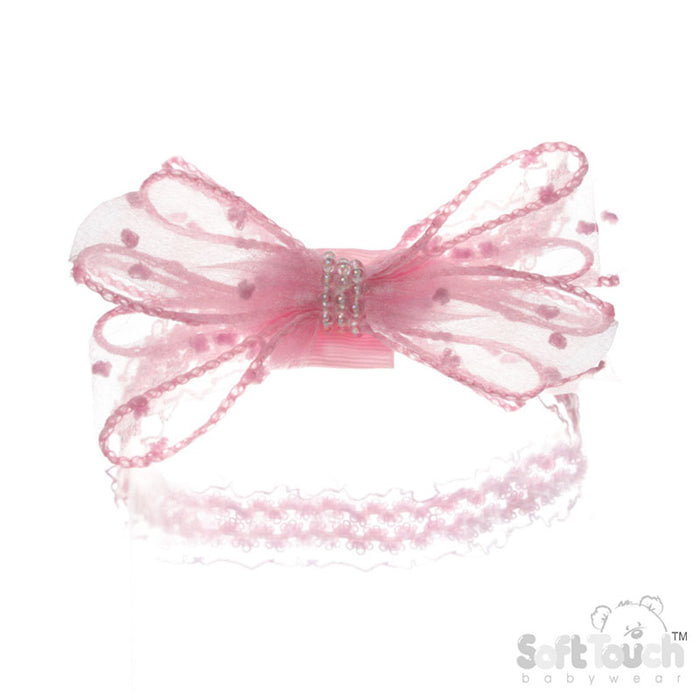 PINK LACE HEADBAND W/ORGANZA/PEARL BOW () HB98-P