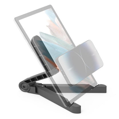 The Portable Tablet/Phone Stand, in black, securely holds tablets and smartphones at multiple angles, showcasing its versatility and portability for supporting different devices.