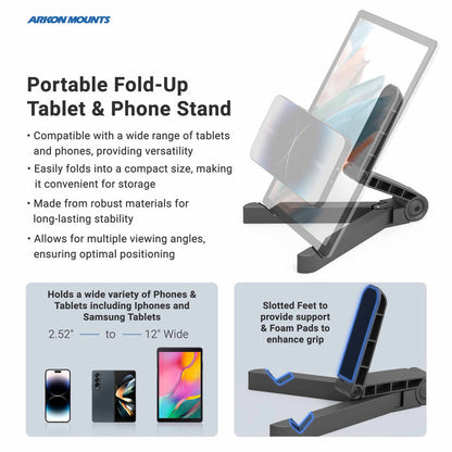 The Portable Tablet/Phone Stand securely holds 2.5–12 devices, features sturdy build, adjustable angles, slotted feet with foam pads for stability, and displays the Arkon Mounts logo—ideal for work from home setups.