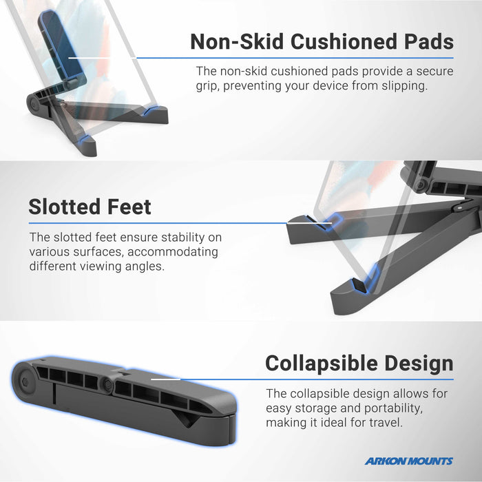 The Portable Tablet/Phone Stand features non-skid cushioned pads, adjustable slotted feet for stability, and a collapsible design. Shown in three labeled close-ups, its the ideal work-from-home accessory.