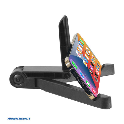 The Portable Tablet/Phone Stand, in black with a compact folding design, holds a smartphone in landscape mode showing a colorful home screen. ARKON MOUNTS appears in blue at the bottom left.