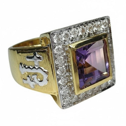 Angled view of the 14k gold-plated amethyst bishop ring showing the ring's high profile.