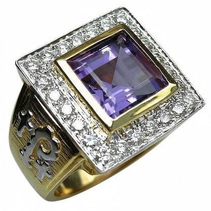Side view of the two-tone amethyst bishop ring with its intricate silver and gold design.