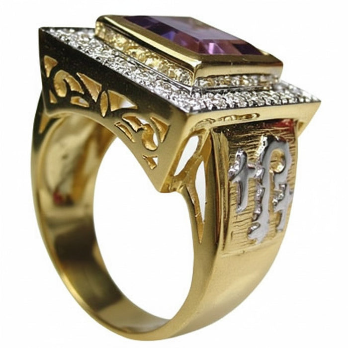 Profile view of the gold-plated sterling silver bishop ring with ornate filigree cut-outs.
