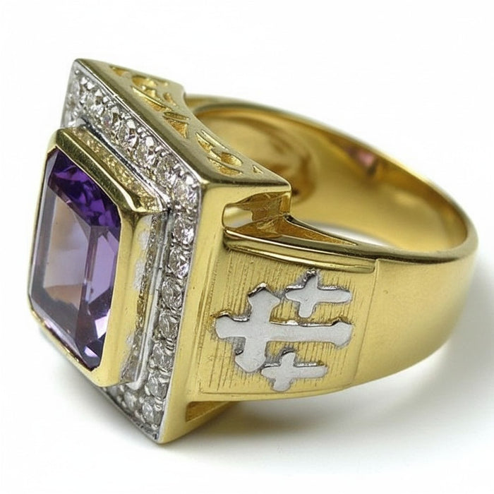 Top-down view of the princess cut amethyst bishop ring with a halo of clear CZ stones.