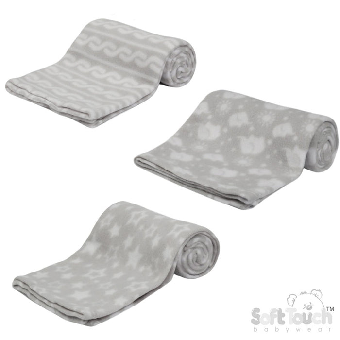 PRINTED GREY BABY FLEECE WRAP (PK12) FBP10-G