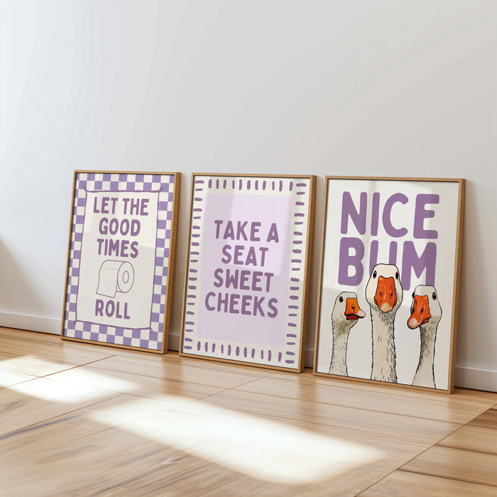 Funny Bathroom Wall Art Set of 6, Nice Bum Goose Print, Purple Bathroom Decor, Farmhouse Bathroom Signs, Lavender Printable Wall Art