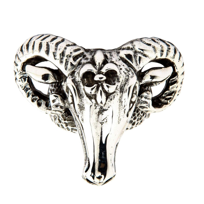 Front view of the sterling silver Ram Head Ring showcasing curled ridged horns and a prominent forehead emblem.