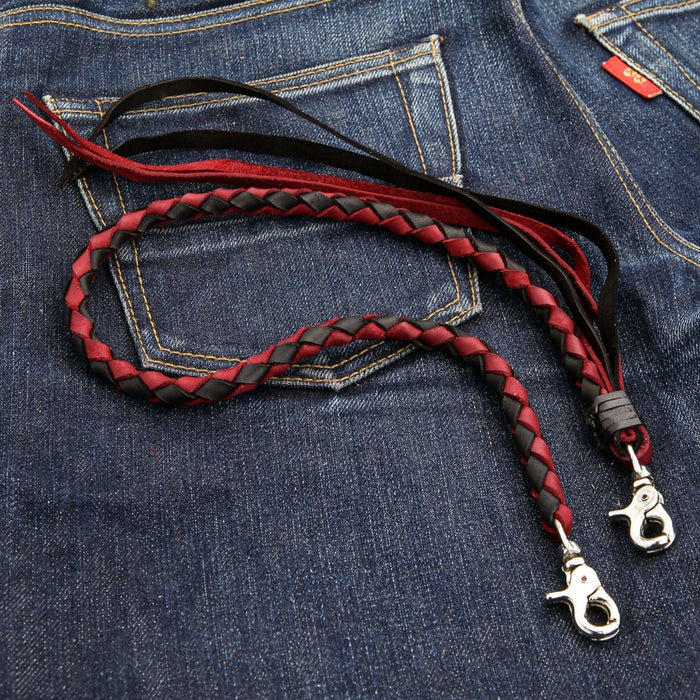 Genuine leather wallet chain with heavy duty silver lobster clasps on denim