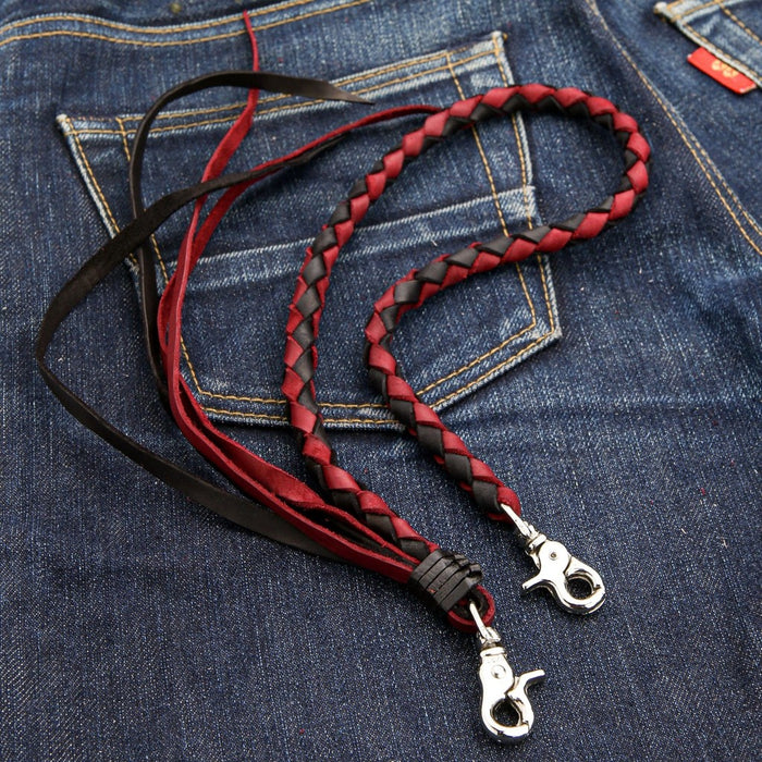 Biker wallet chain with red black braided leather design and metal hardware