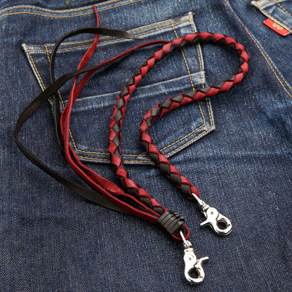 Biker wallet chain with red black braided leather design and metal hardware