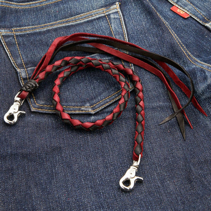 Premium cowhide leather wallet chain featuring zigzag braided pattern