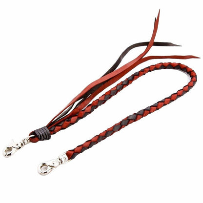 Motorcycle wallet chain made from braided red and black genuine leather