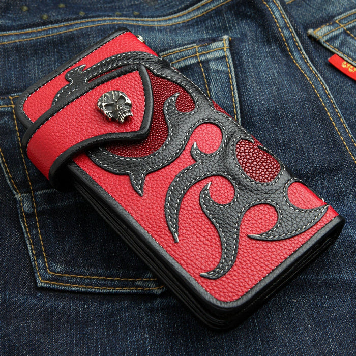 A men's long biker wallet handcrafted from red stingray and black cowhide leather with a tribal flame design.