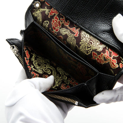The interior of the biker wallet showing the luxurious Emperor Dragon silk lining and multiple card slots.