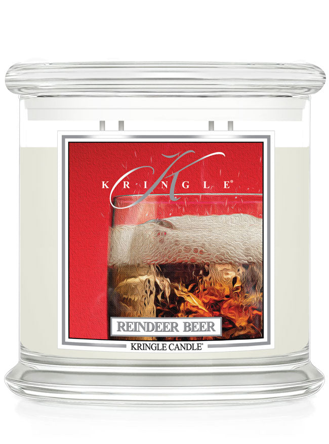 Kringle Candle with 'Reindeer Beer' label on a white background