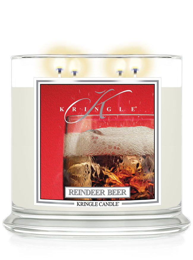 Kringle Candle with 'Reindeer Beer' label on a white background