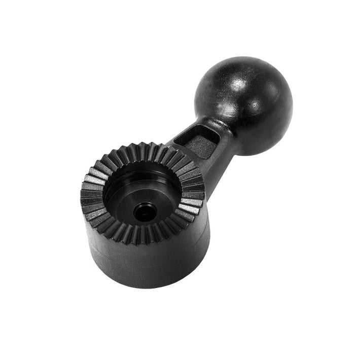 A black metal gear-shaped part with a round base, ridged edges, and solid spherical handle—shown on white background. This Replacement 22mm Mount Ball for Headrest Mounting Pedestal is compatible as an Arkon headrest mount substitute.