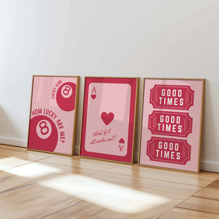 Retro Casino Wall Art Set of 3 Prints, Vintage Lucky 8 Ball, Ace of Hearts and Good Times Tickets, Red Pink Gallery Wall Artwork DIGITAL