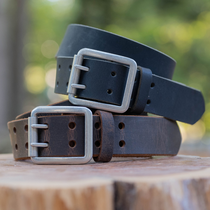 Ridgeline Trail Leather Belts. 1.5 inches wide with a dual prong roller buckle - Nickel Free