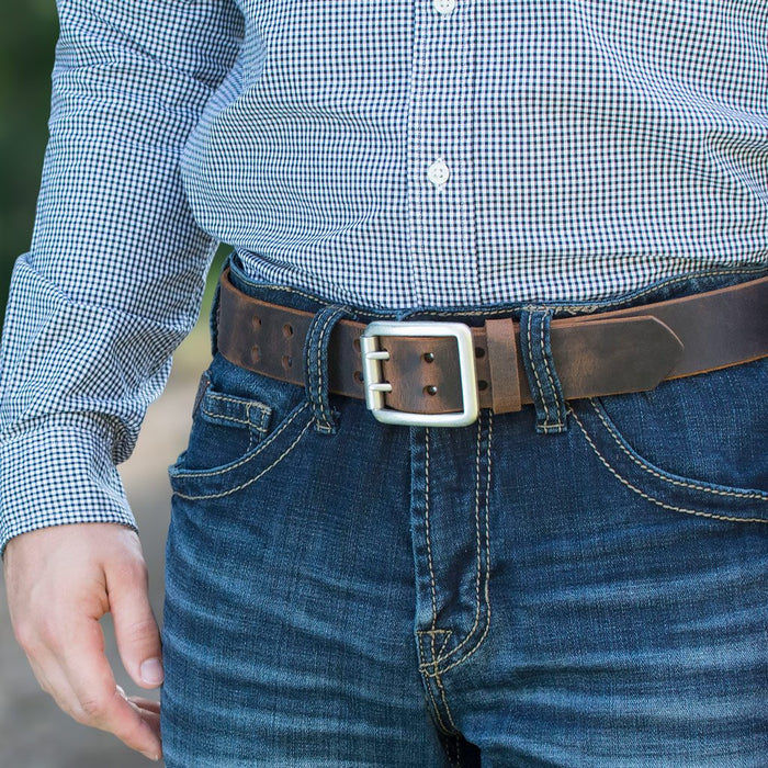 Ridgeline Trail Belt Set - brown belt on model. Casual strap; ideal for jeans. 1.5 inches wide.