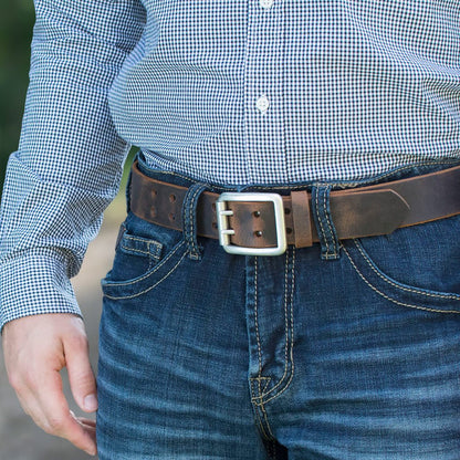 Ridgeline Trail Belt Set - brown belt on model. Casual strap; ideal for jeans. 1.5 inches wide.