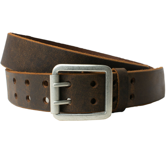 Ridgeline Trail Distressed Leather Belt (Brown). Silver-tone double-prong buckle with roller feature