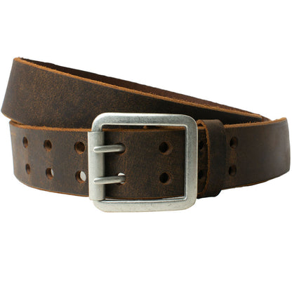 Ridgeline Trail Distressed Leather Belt (Brown). Silver-tone double-prong buckle with roller feature