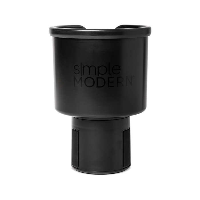 Black insulated travel mug with glossy rim and matte finish body, front view