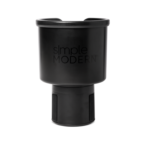 Black insulated travel mug with glossy rim and matte finish body, front view