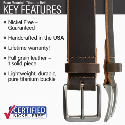 Hypoallergenic lightweight durable pure titanium buckle, lifetime warranty, full grain leather strap